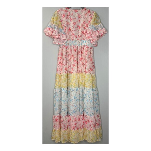 Aura Floral Tiered Maxi Dress (Size S) Colorful Flowy Chiffon Spring Summer - Picture 4 of 9